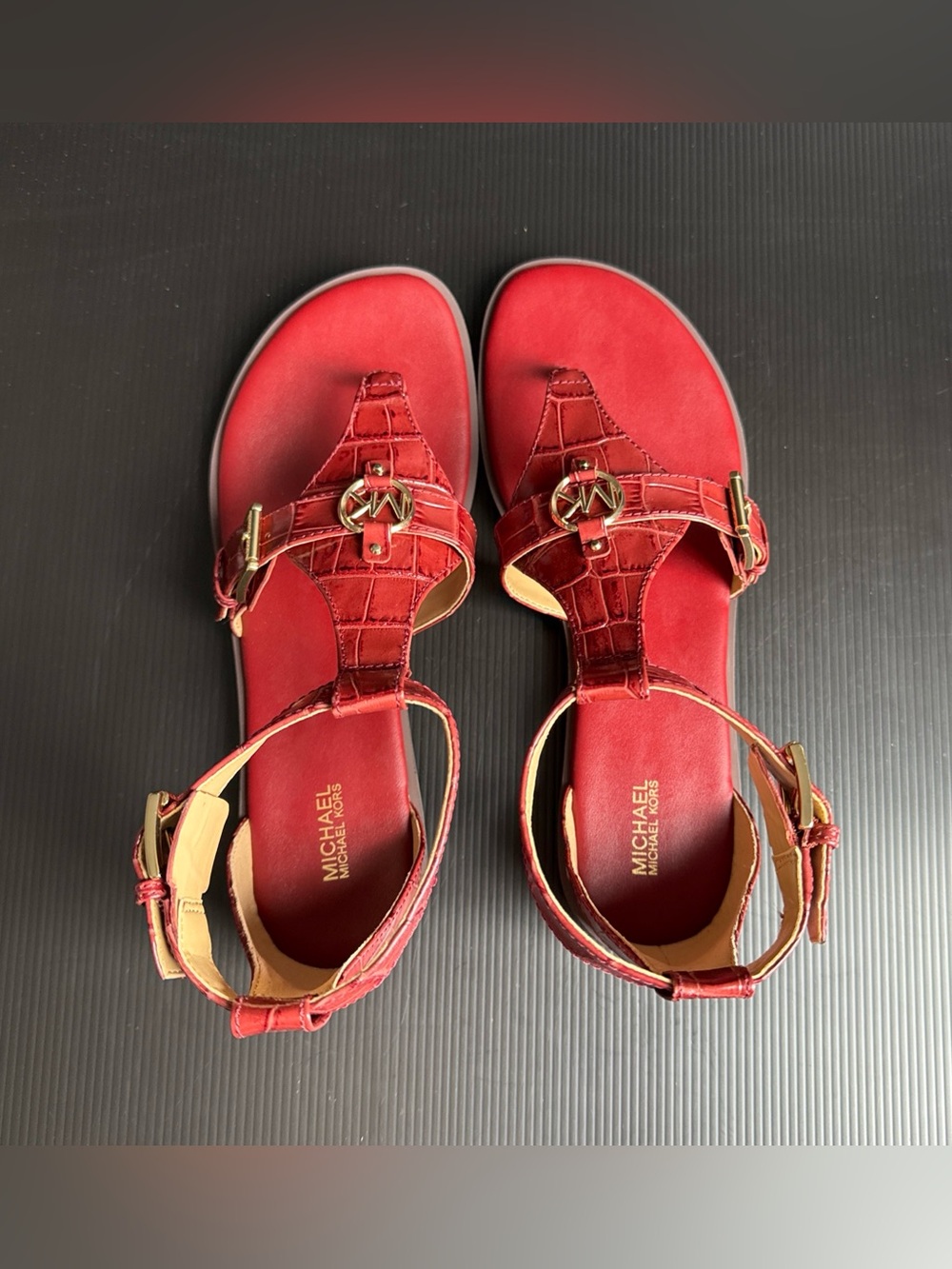 NIB Michael Kors Preston Flat Sandal Brandy Embossed Leather Shoe Womens Size 10 - Picture 6 of 12